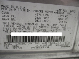 2012 MITSUBISHI GALANT FE SILVER 24L AT 163775